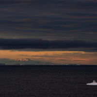 On Iceberg Alley, the skyline of the Antarctic Peninsula at dawn as the sun rises.
