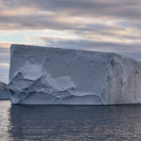 In stiller See am frühen Morgen, liegt nahe ein großer Tafeleisberg unter am Himmel rosa schimmernden Schäfchenwolken.