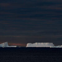 Tafeleisberge auf der Iceberg Alley in der beginnenden Morgenröte leuchten hell am Ende der Nacht in tief dunkler See.