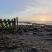 Eine verlassene, einsame Zauntür am Ufer des Wattenmeeres vor der untergehenden Sonne.